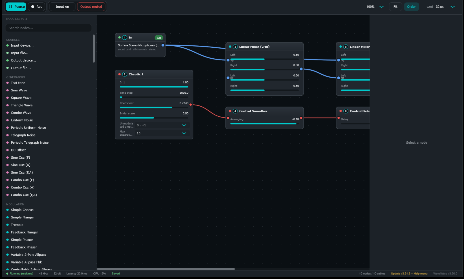 The WaveWarp DrawingBoard app in 2026: a node library on the left, a live board of coloured blocks and cables on the canvas, and a transport toolbar on top