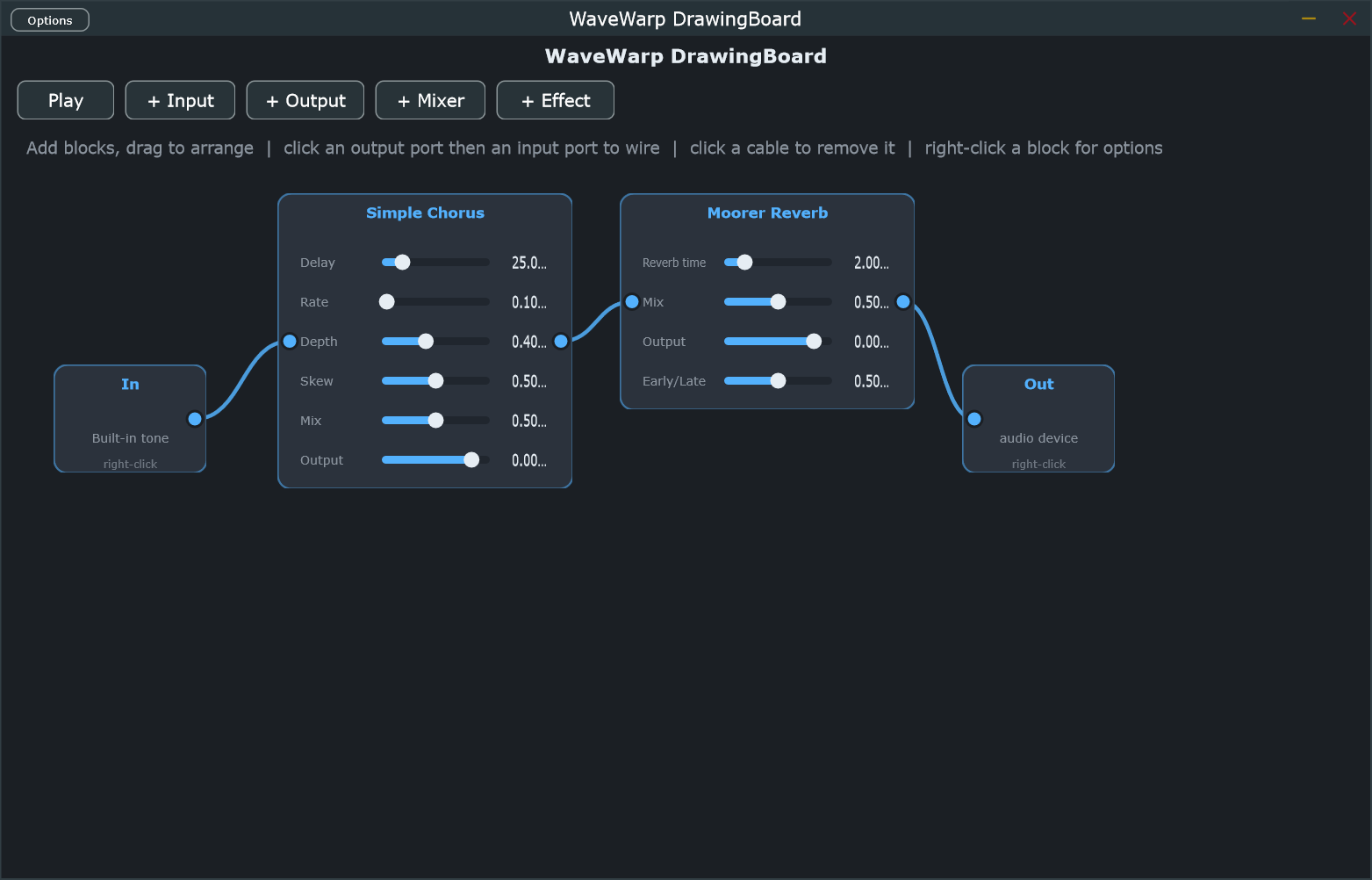 A modern WaveWarp board: an input feeding a chorus and reverb into an output